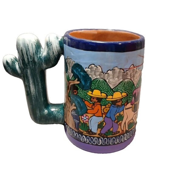 Handpainted South American Cactus Handle Heavyweight Coffee Mug Stein Preowned - Picture 1 of 11